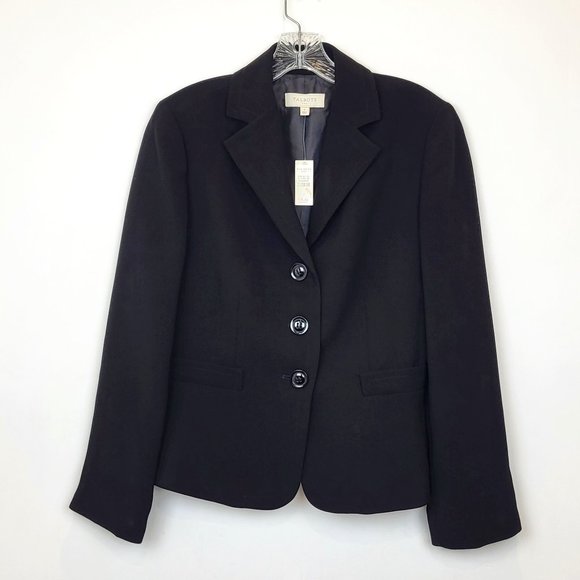 Talbots Outlet Black 3 Button V Neck Blazer, Rear Peplum Pleats, Size 4, NWT - Picture 1 of 12
